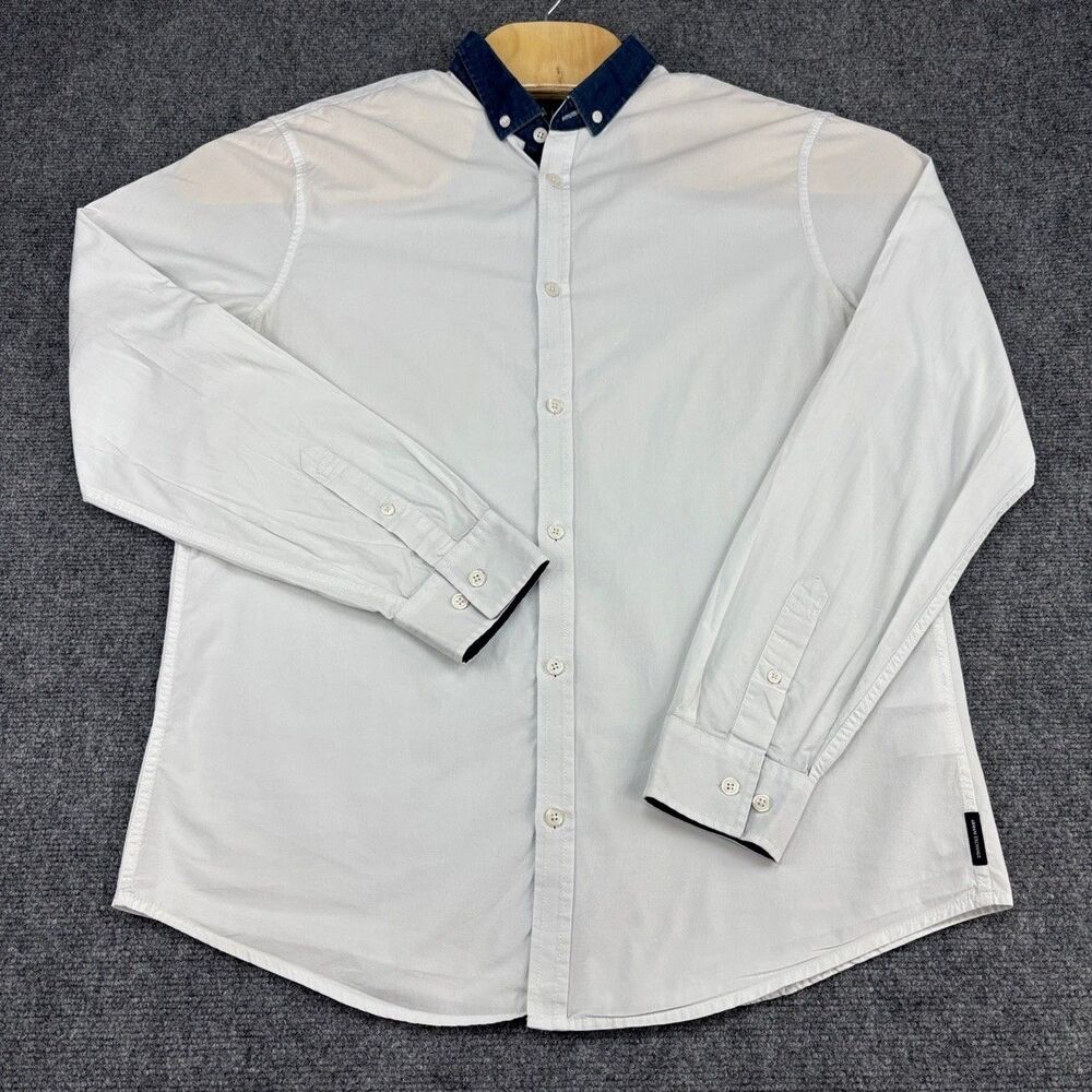 Armani Exchange Mens L White Dress Shirt Navy Contrast Collar 100% Cotton